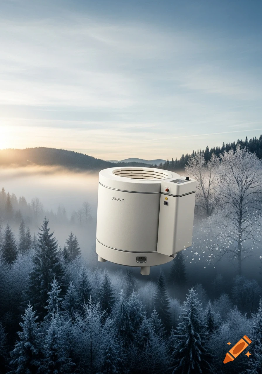 A modern white ceramic kiln with the 'DURAVIT' logo floats above a misty, snowy evergreen forest at sunrise.