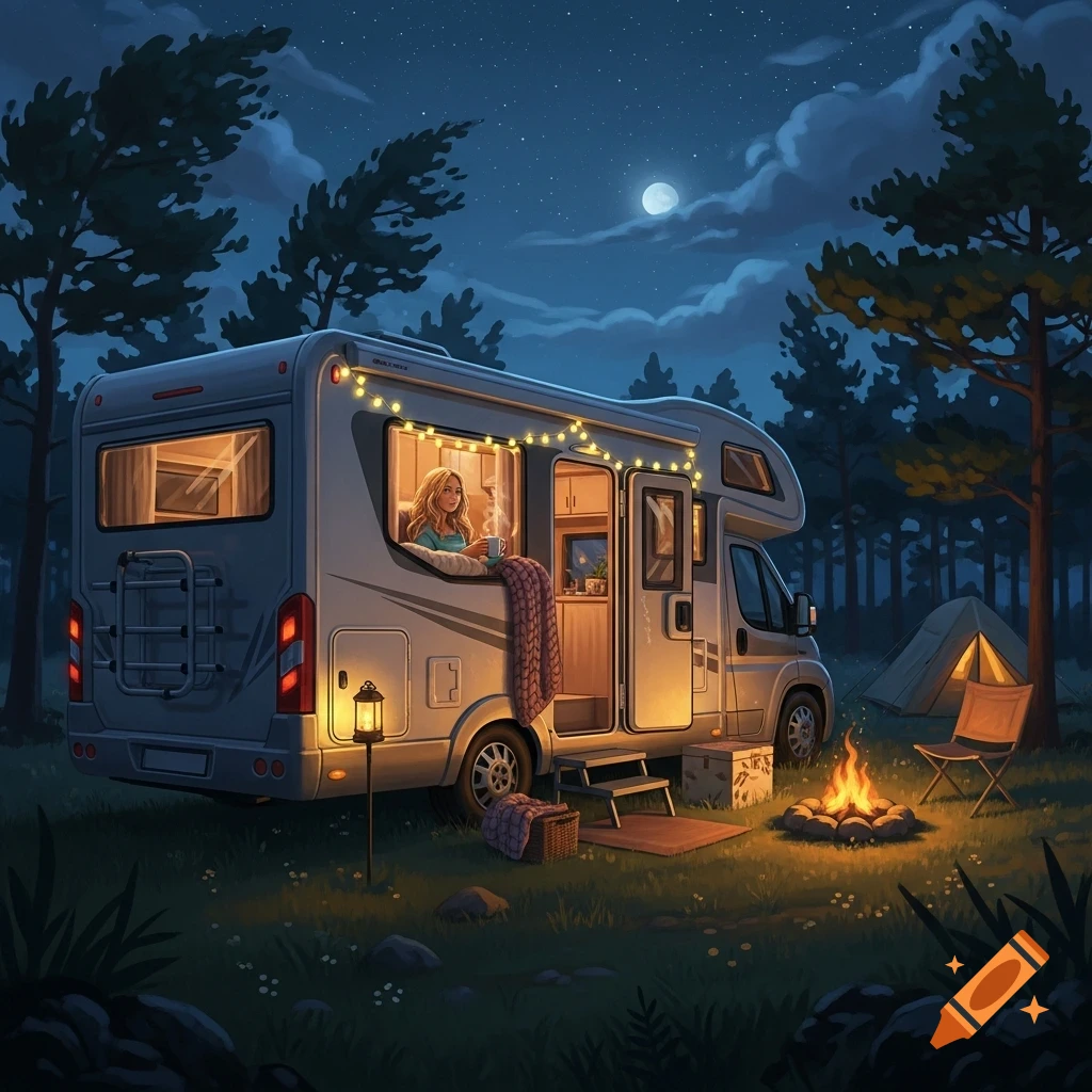 A woman enjoys a drink in a camper van with fairy lights at a moonlit forest campsite with a tent and campfire.