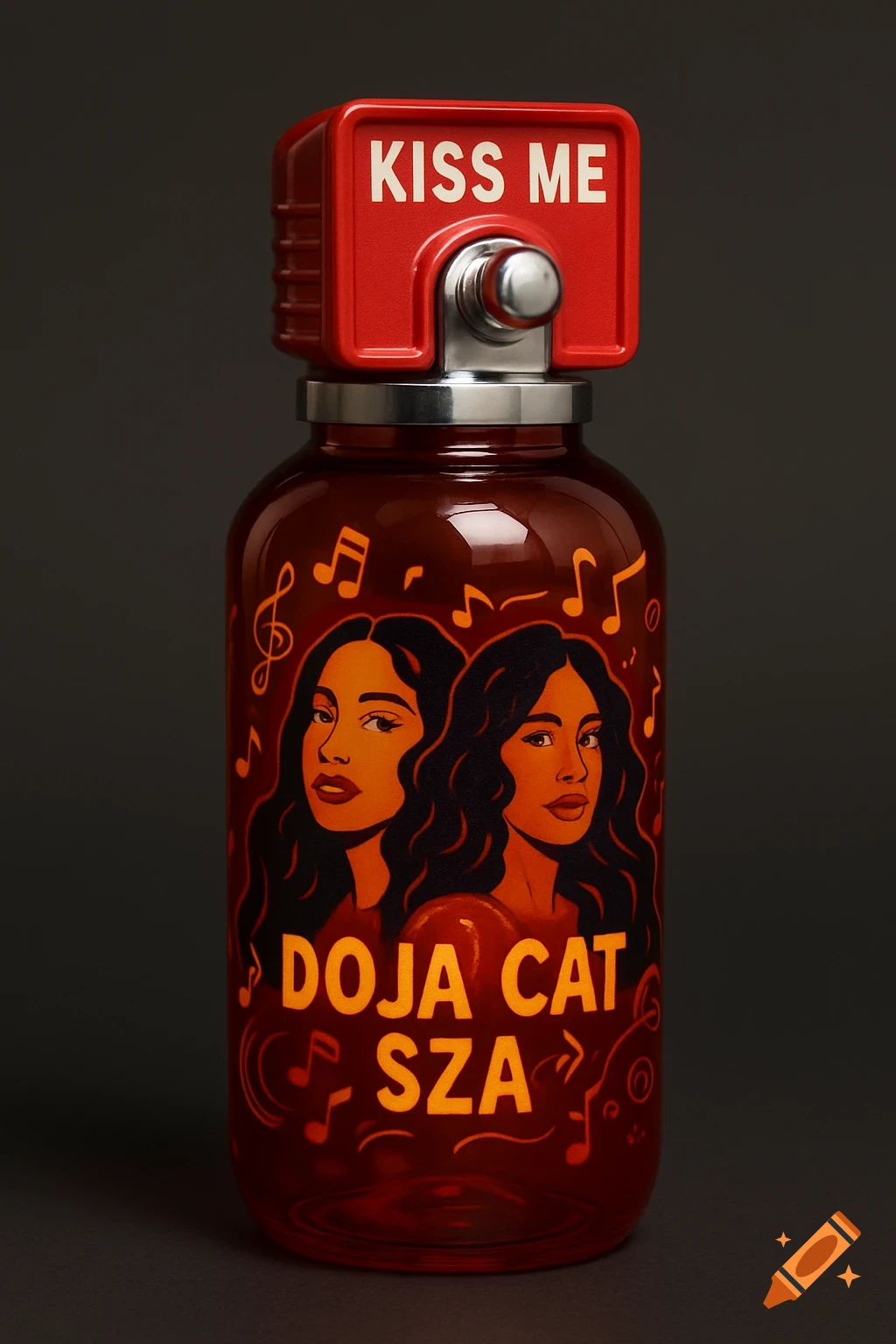 A red water bottle shaped like a fire alarm, featuring "KISS ME" on top, and stylized portraits of Doja Cat and SZA surrounded by musical notes.