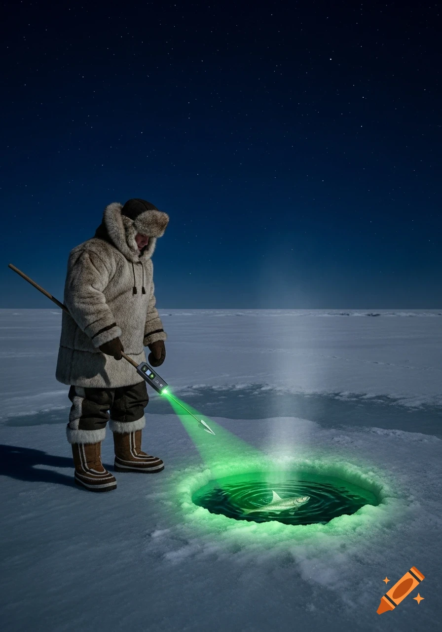 Person in arctic gear ice fishing at night with a glowing green laser spear, targeting a fish in an ice hole under a starry sky.