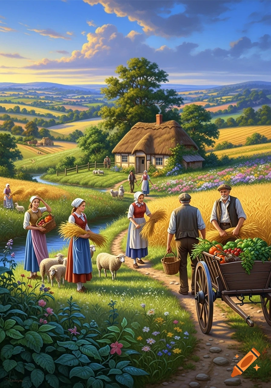 A vibrant painting depicts farmers harvesting crops and collecting produce in a lush, rolling countryside with a thatched cottage, stream, and grazing sheep under a colorful sky.
