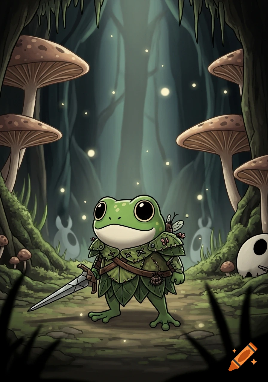 Cartoon frog knight with a sword stands in a dark, bioluminescent mushroom forest, stylized like Hollow Knight.