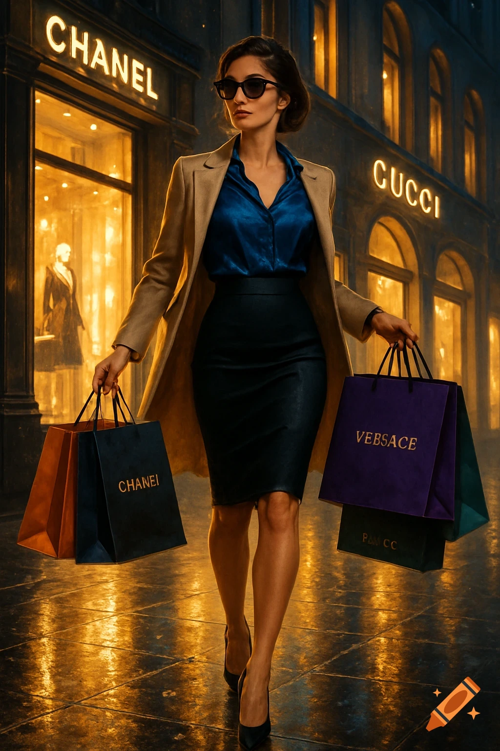 A stylish woman in a coat and skirt carries shopping bags from luxury stores like Chanel and Versace at night, photorealistic.