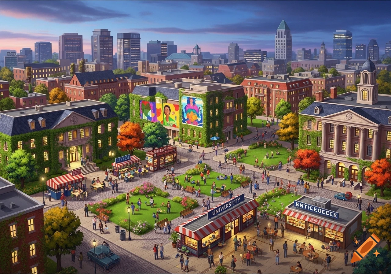 An aerial view of a bustling university campus with green lawns, classic buildings, market stalls, and a city skyline at dusk.