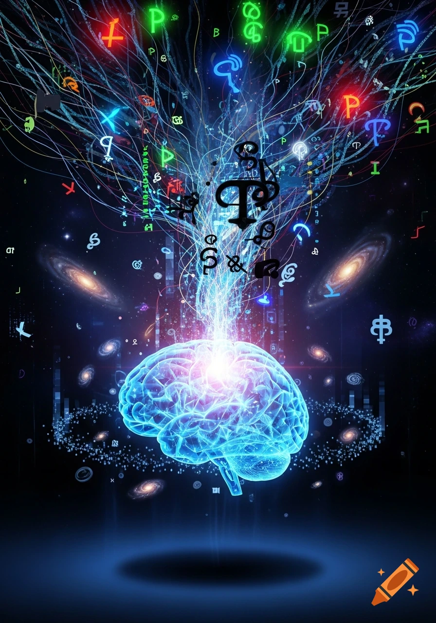 A glowing blue brain in space, with bright energy and colorful, abstract symbols streaming upwards into a cosmic network of lines and galaxies.