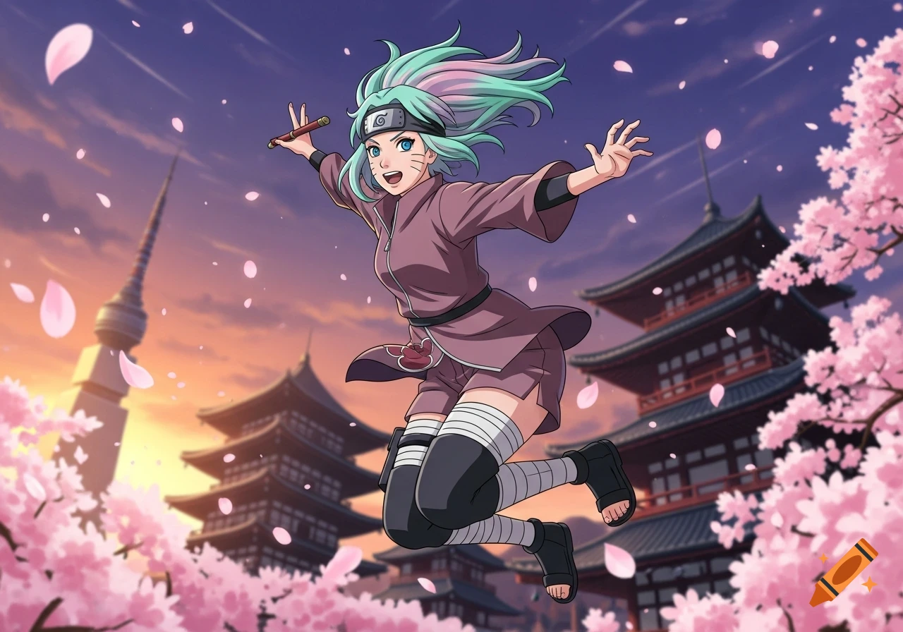 Anime girl in Naruto style, jumping mid-air with cherry blossoms and traditional Japanese architecture at sunset.