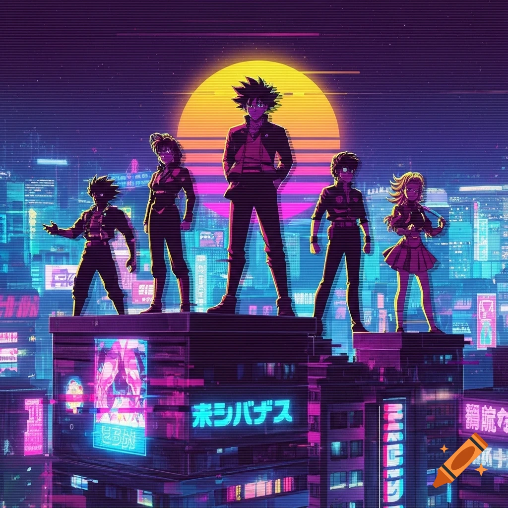 Five anime characters stand on a rooftop overlooking a neon-lit cyberpunk city at sunset, rendered in a glitch art style.
