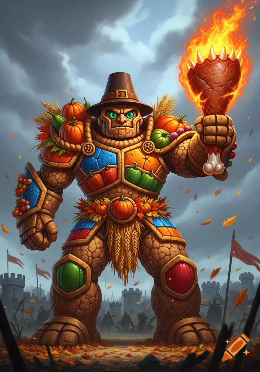 A battle golem made of turkey stuffing with a pilgrim hat, cornucopea armor, and a flaming turkey leg, standing before castles.