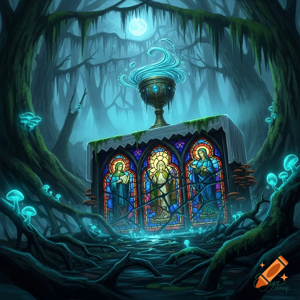 Fantasy art: A glowing chalice on a ruined stained glass altar with saints in a dark, misty swamp with glowing mushrooms and gnarled trees.