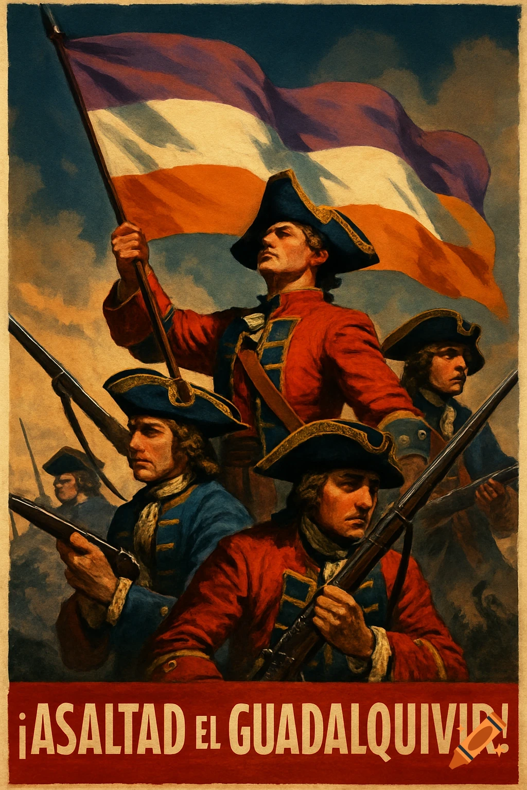 A retro propaganda poster features 18th-century soldiers with muskets and a purple, white, and orange flag, with the text " ¡ASALTAD EL GUADALQUIVIR! " at the bottom.