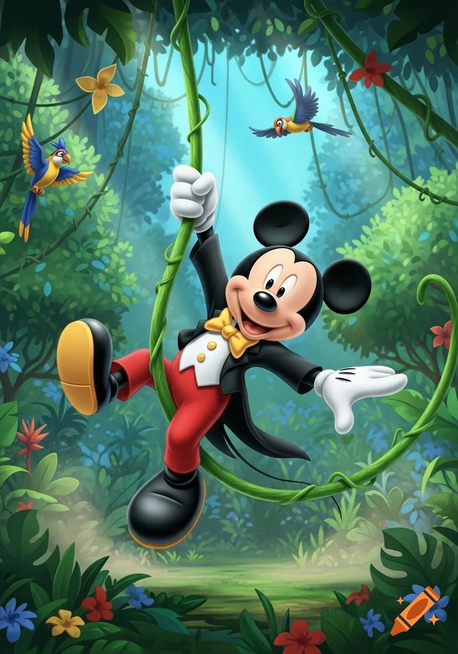 Mickey Mouse in a black tuxedo jacket, white vest, yellow tie, red pants, and black shoes, swinging on a green vine in a vibrant jungle with flying parrots.
