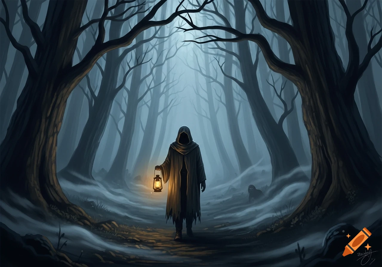 A hooded figure holding a glowing lantern walks through a dark, misty ...