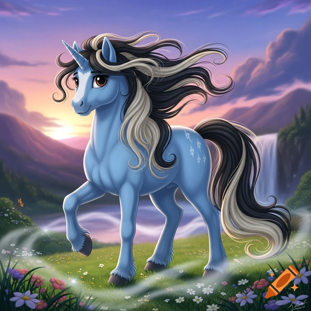 A sky blue unicorn pony with a black and white mane stands in a meadow with flowers, mountains, and a waterfall at sunset, in a cartoon style.