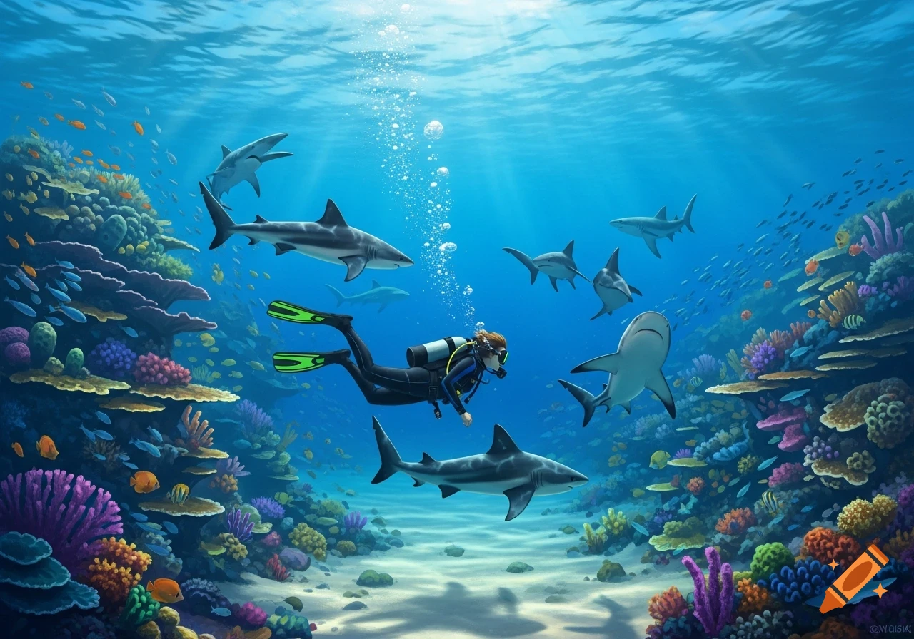 A person scuba diving amidst many sharks and colorful coral reefs in a vibrant underwater illustration.
