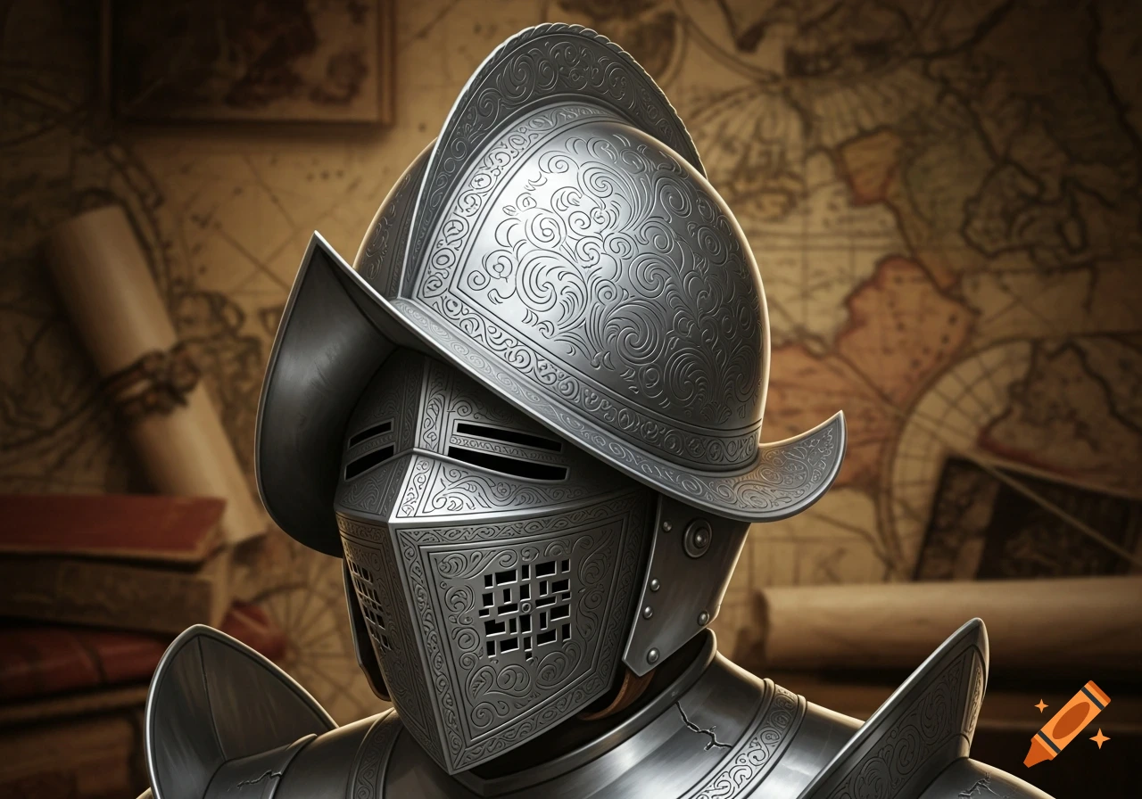 A close-up of a detailed silver conquistador helmet with intricate engravings, set against a blurred background of an old map and scrolls.