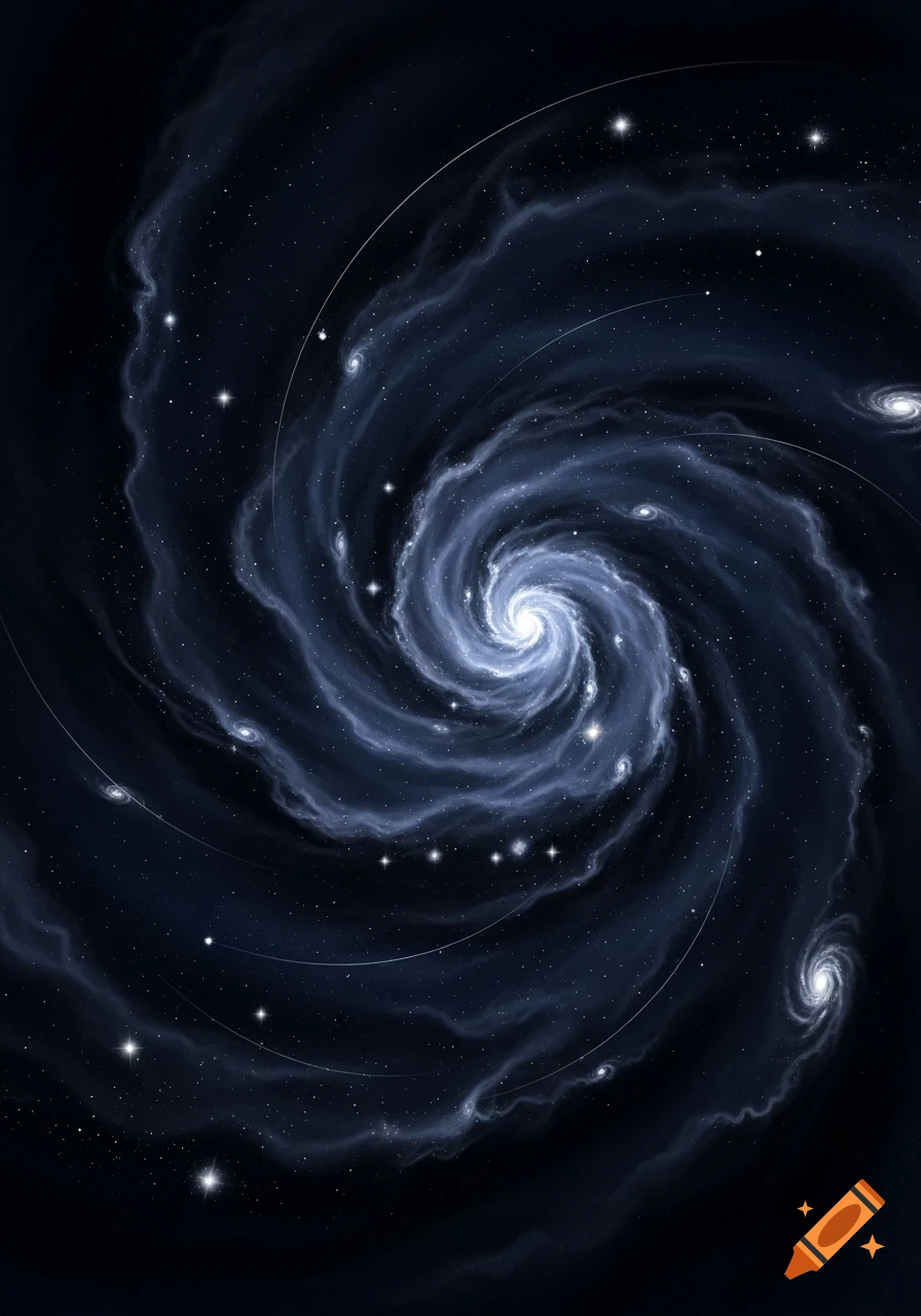 A dark cosmic scene featuring a luminous spiral galaxy with swirling blue nebulae and numerous stars.