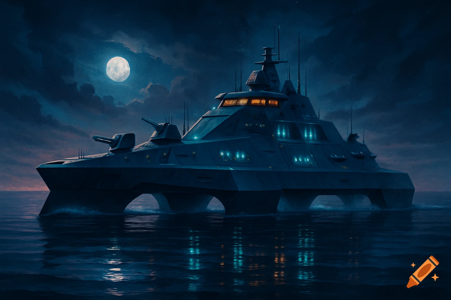 A futuristic dark gray catamaran warship with glowing windows navigates dark waters under a bright full moon and cloudy night sky.