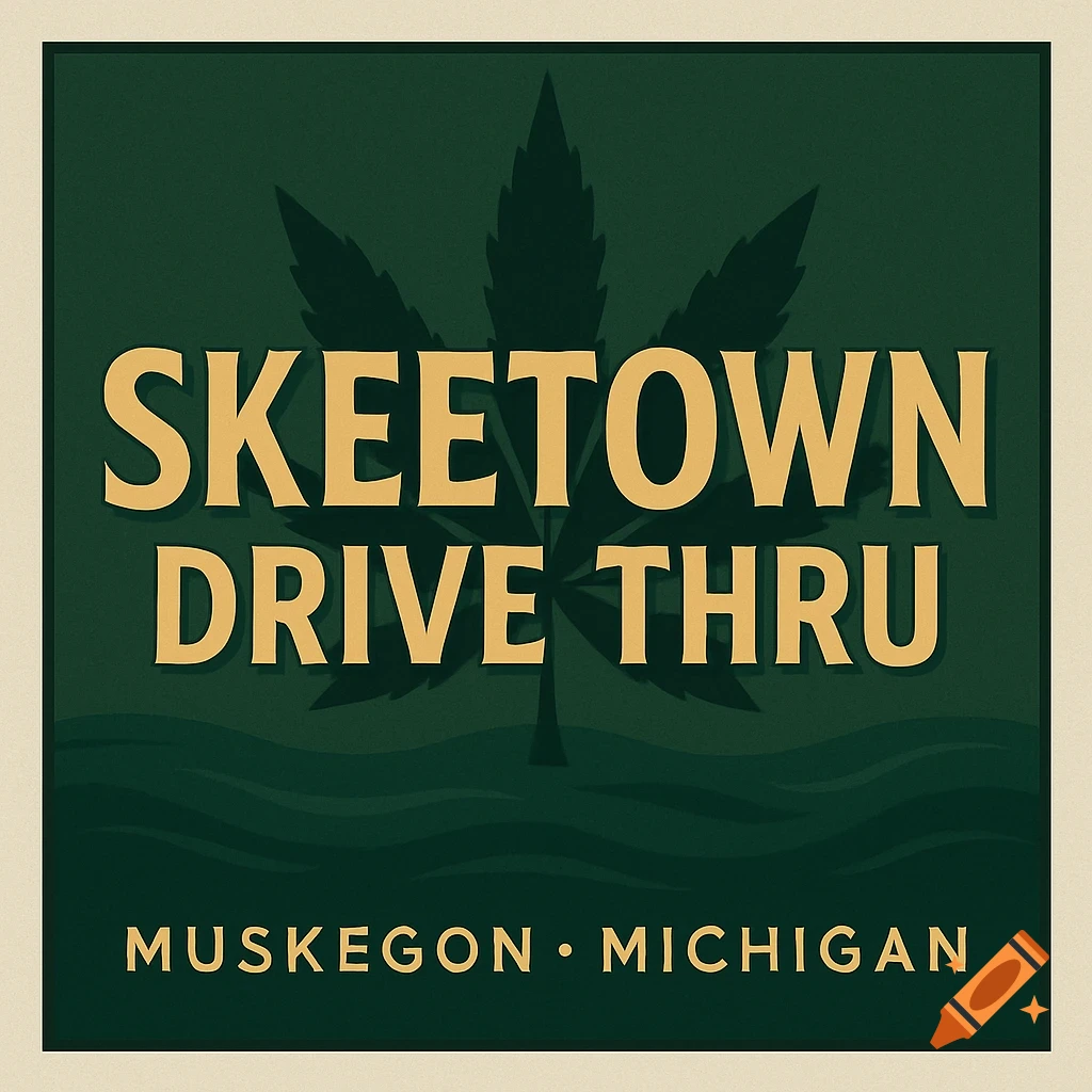 A dark green sign with a marijuana leaf silhouette and gold text 'SKEETOWN DRIVE THRU MUSKEGON  MICHIGAN'.