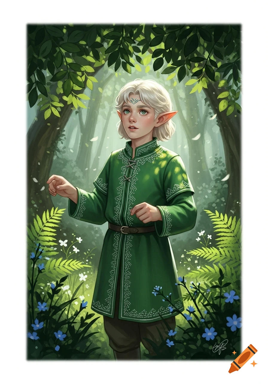 An illustrated young elf with light hair and pointed ears, wearing a green tunic, standing in a lush forest with blue and white flowers.