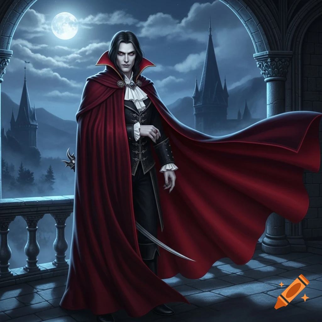 A male vampire in a black suit and flowing red cape stands on a gothic castle balcony under a full moon, with distant castles.
