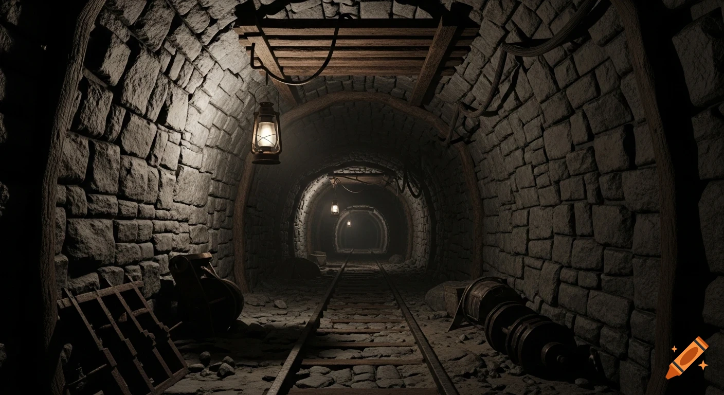 Dimly lit, arched stone mine tunnel with railway tracks leading into the dark, illuminated by hanging lanterns.