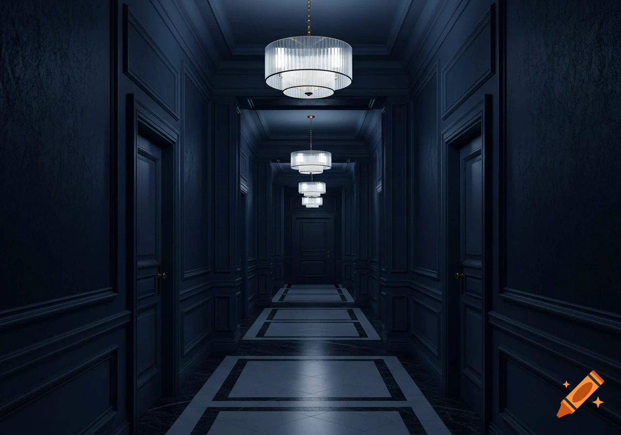 A long, dark blue hotel hallway with ornate wall paneling, closed doors, and a patterned marble floor. Illuminated chandeliers recede into the distance, creating a liminal space.