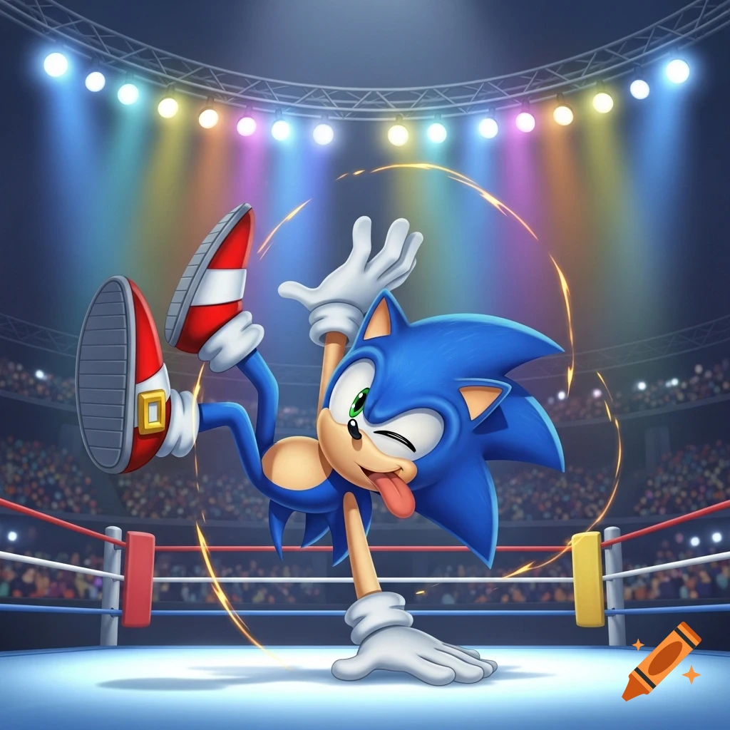 Cartoon Sonic the Hedgehog winks and sticks out his tongue while balancing on one hand in a boxing ring, with a crowd and spotlights.
