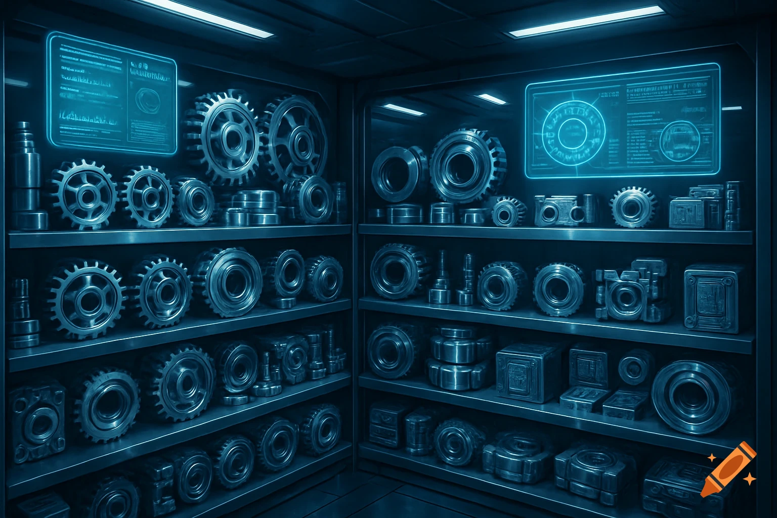 A dark, futuristic storage room filled with shelves of metallic gears and assorted spare mechanical parts, illuminated by blue light.