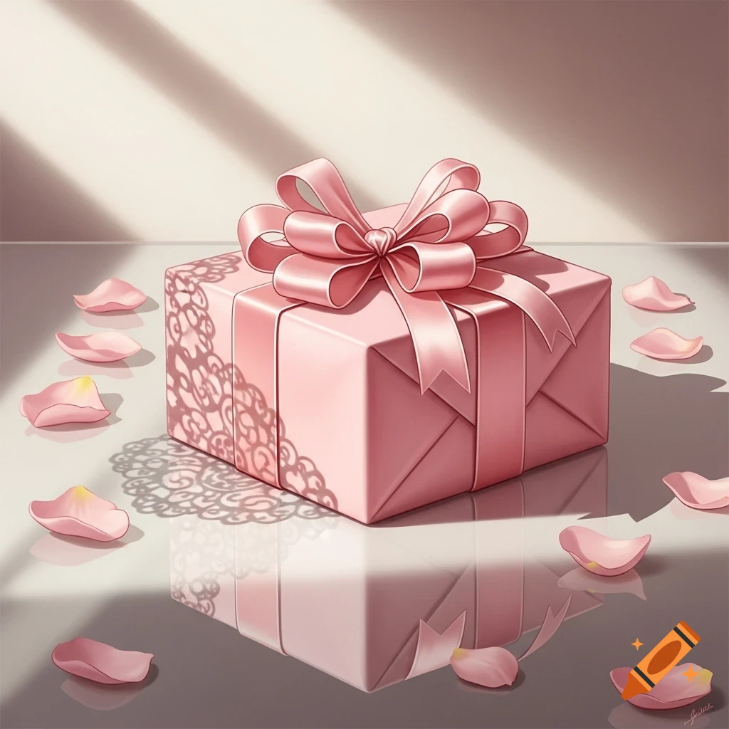 Pink gift box with a large ribbon and bow on a reflective surface, surrounded by pink rose petals, with striped sunlight in digital art.