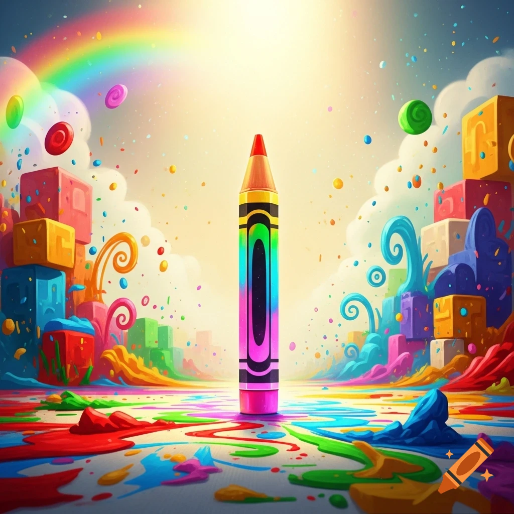 A vibrant rainbow crayon stands in a colorful landscape of melted paint, with a rainbow arching above and whimsical block structures.