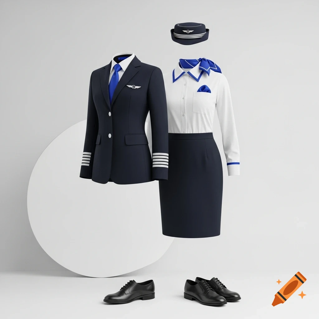 A pilot's dark blue suit and a flight attendant's white blouse, dark blue skirt, and hat, with black dress shoes, against a white background.