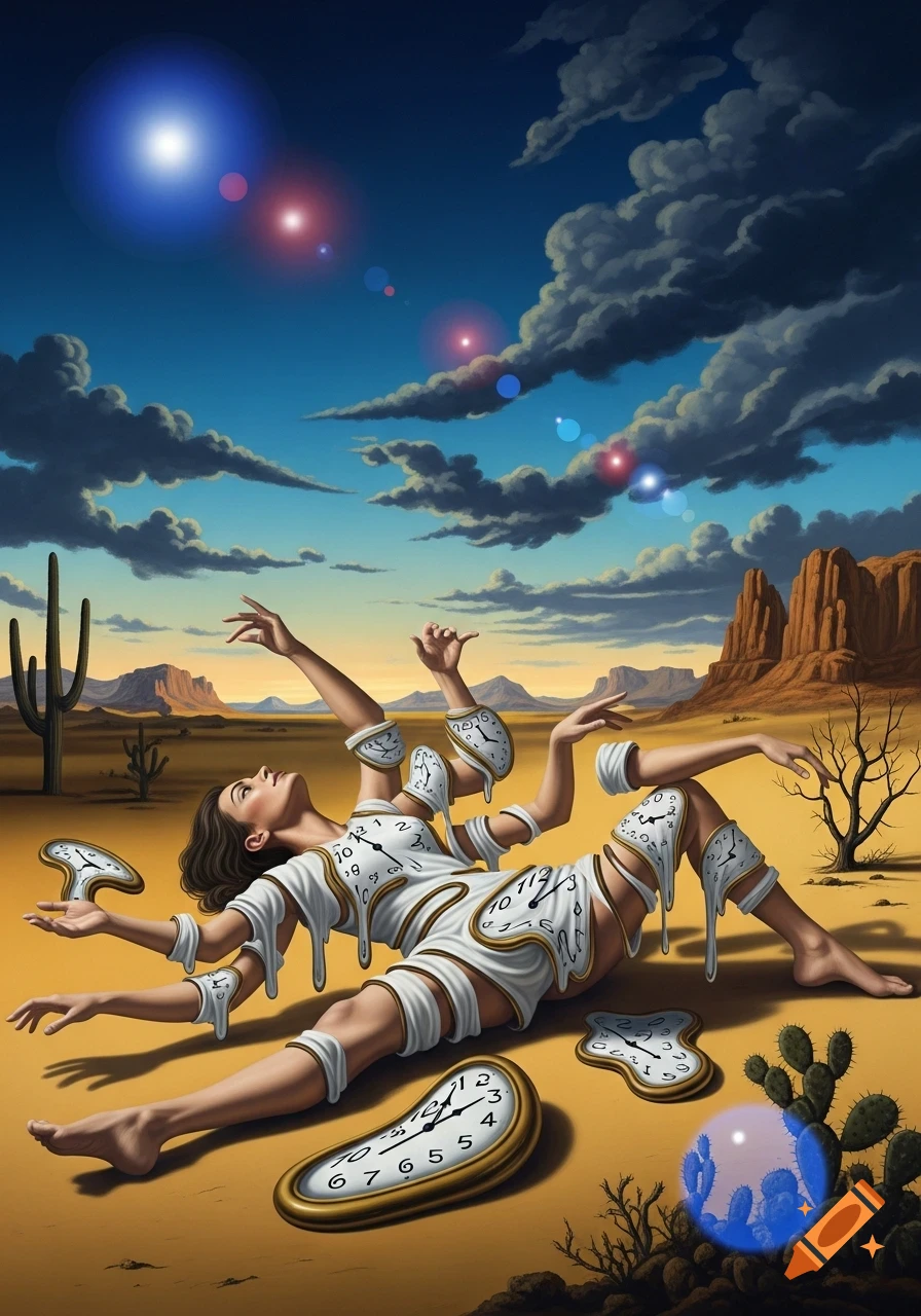 A surreal desert landscape featuring a reclining woman with multiple limbs, adorned with melting clocks, under a celestial sky.