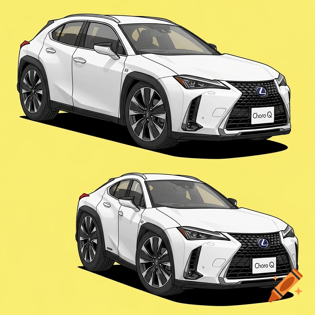Two white cartoon-style Lexus UX F Sport cars, resembling Choro Q toys, on a yellow background.