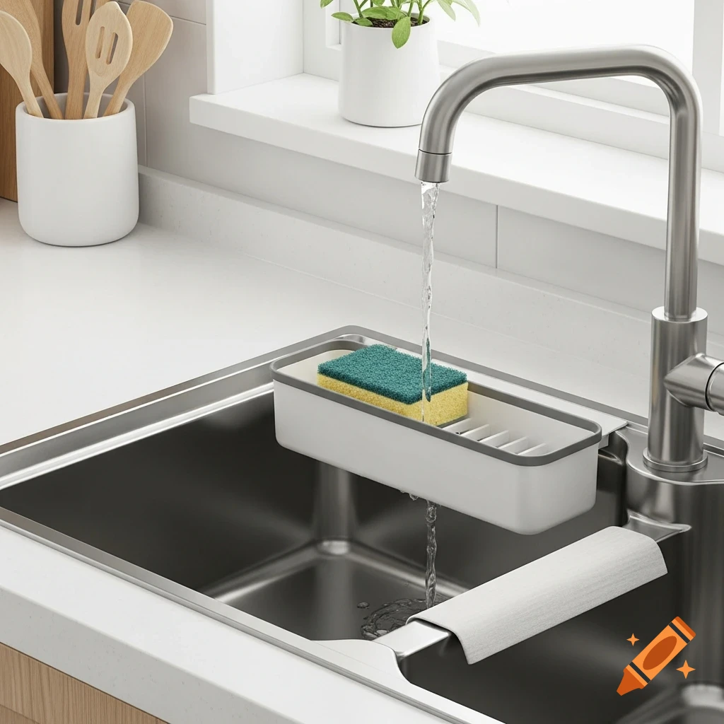 A modern kitchen sink with a minimalist sponge holder and a green and yellow sponge under a running stainless steel faucet.