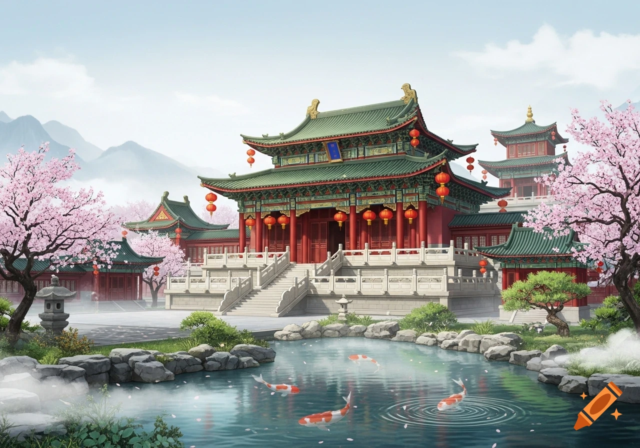 A vibrant traditional Chinese palace with green roofs and red pillars, surrounded by pink cherry blossom trees and a koi pond, under a pale sky.