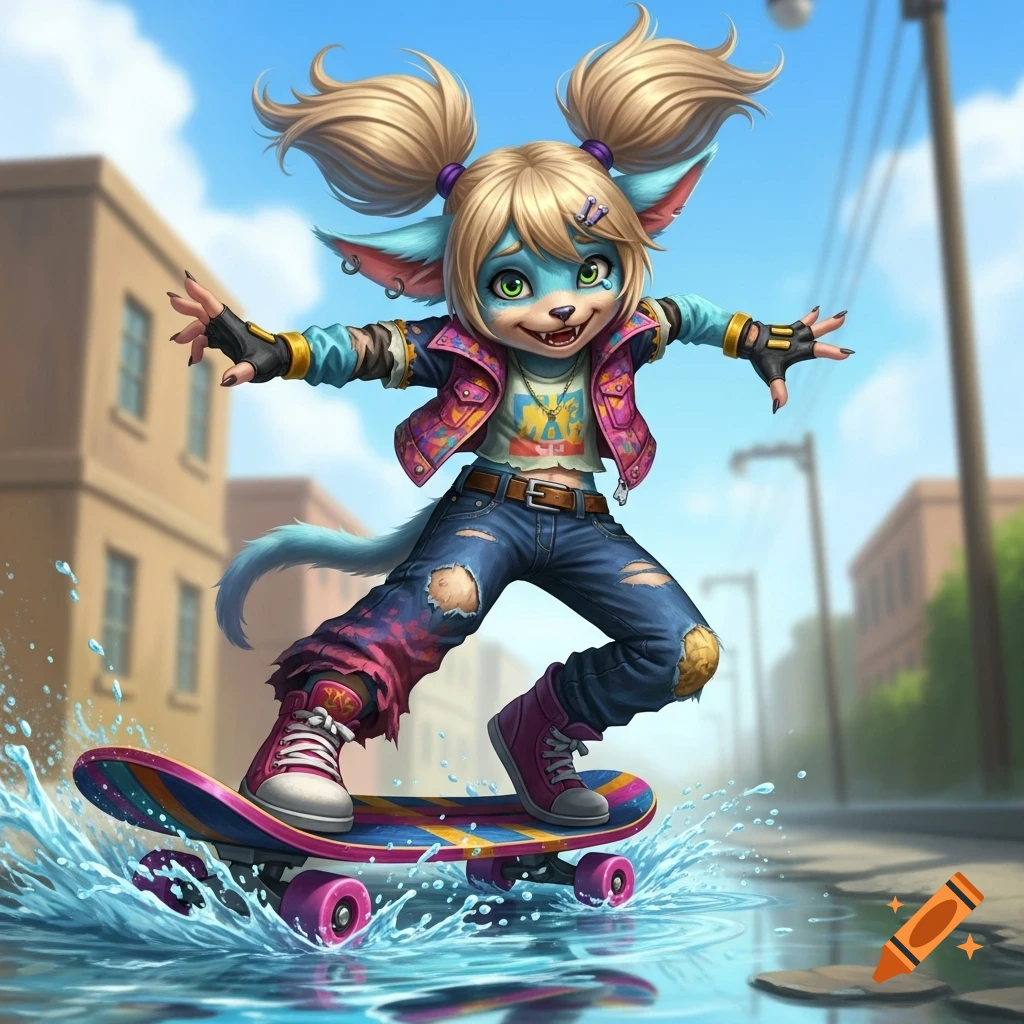 A vibrant, cartoonish blue-furred creature with pigtails and ripped clothes grins while skateboarding through a puddle, splashing water. It's set in an urban street under a bright sky, in a realistic comic style.