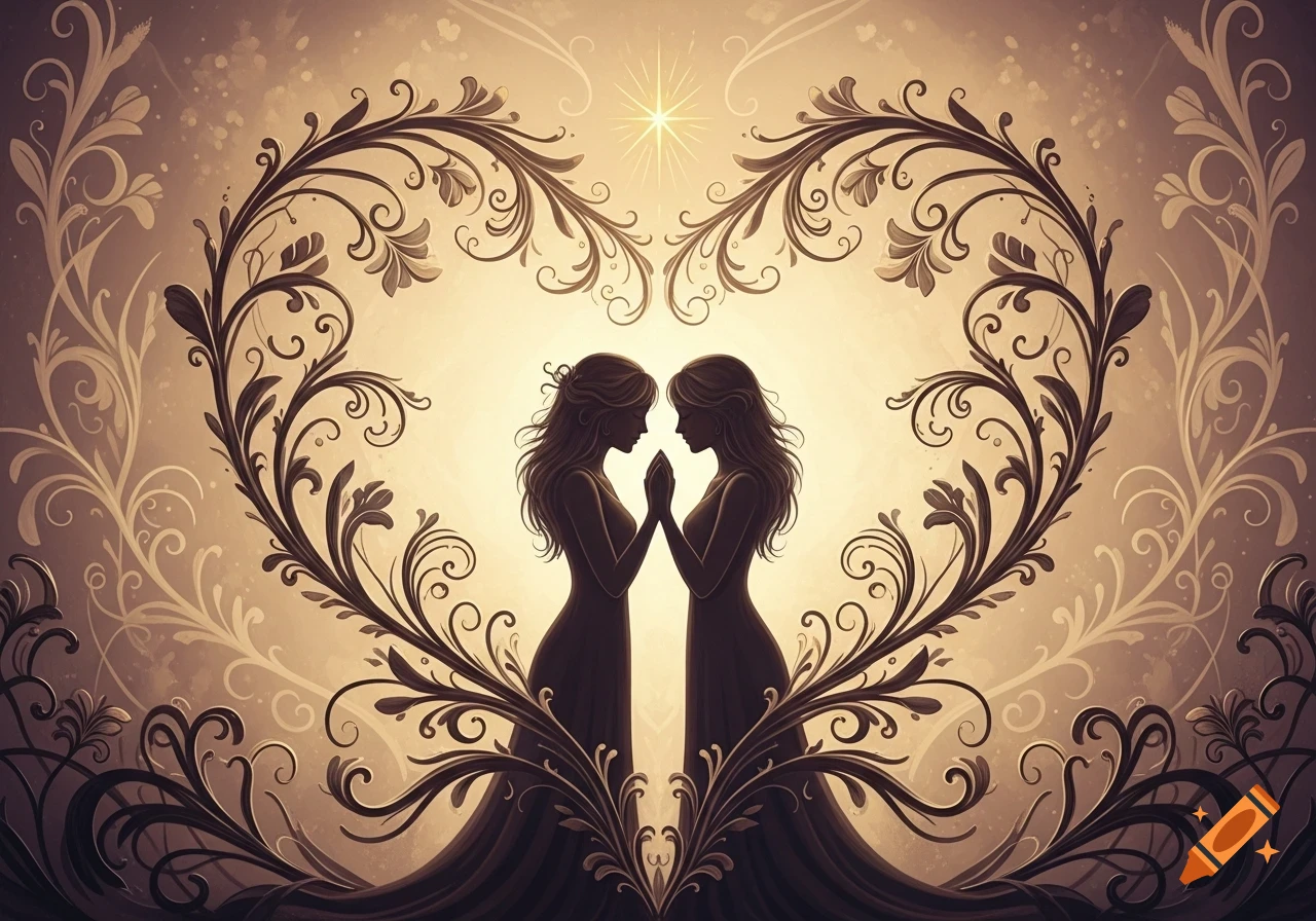 Two female silhouettes facing each other, hands touching, enclosed by an ornate heart-shaped frame with flowing patterns and a golden star above, in a warm, sepia-toned art style.