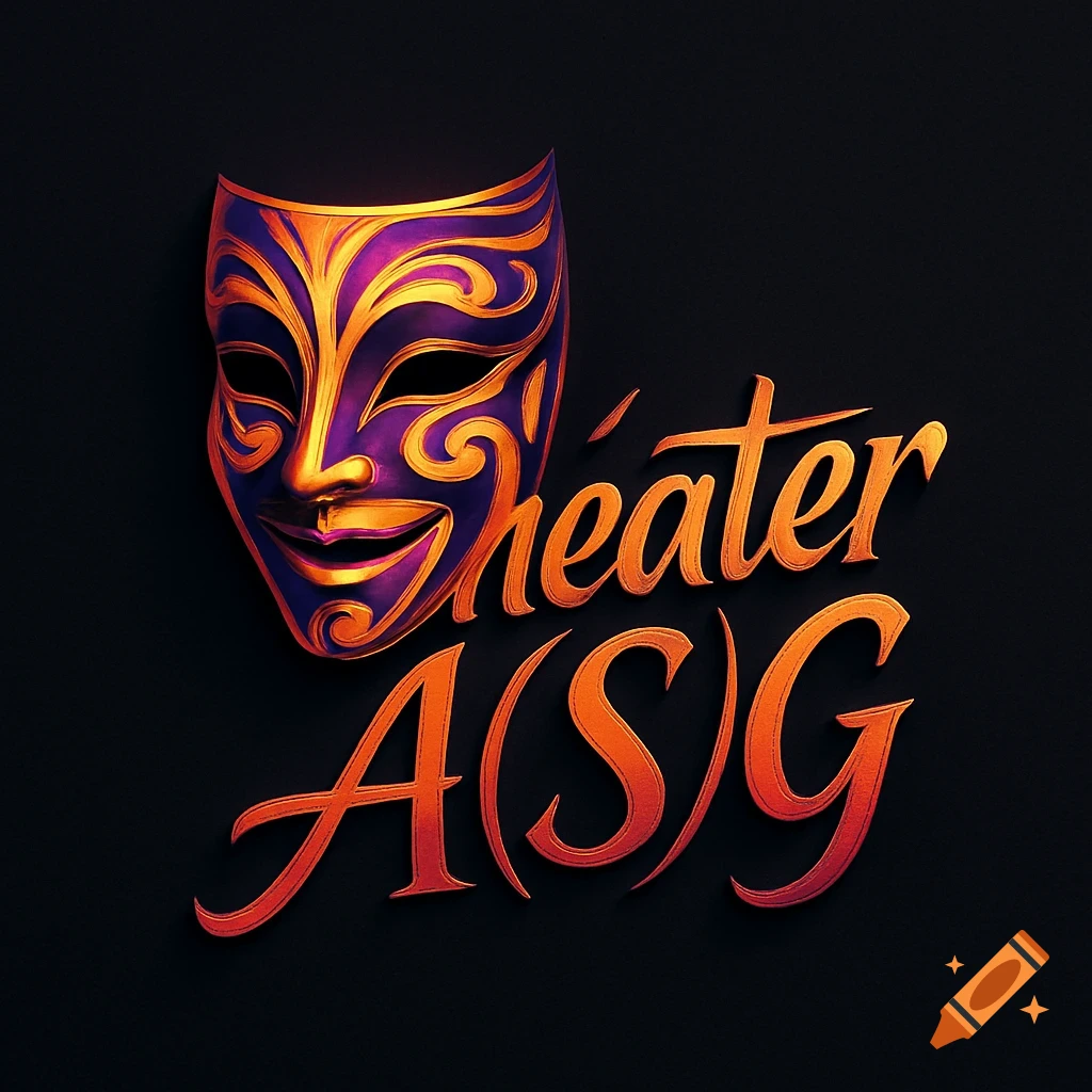 A vibrant purple and gold theatrical mask next to stylized orange text that reads "Théater A(S)G" on a dark background.