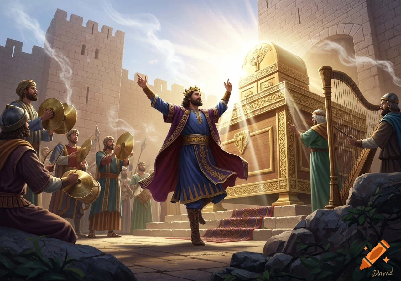 King David celebrates the Ark of the Covenant with musicians outside ancient city walls, depicted in a detailed illustration.