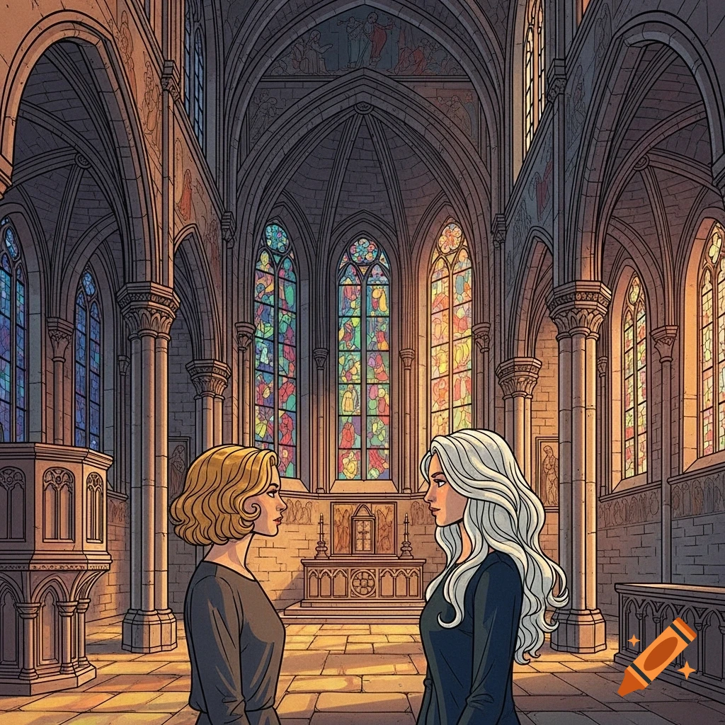 Two women, one blonde and one with long white hair, face each other in a grand, medieval church with stained glass windows. Illustration.
