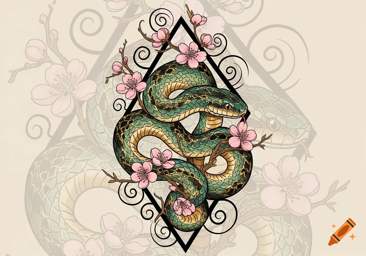 Neotraditional tattoo design of a green and yellow snake coiled around a cherry blossom branch with pink flowers within a diamond frame.