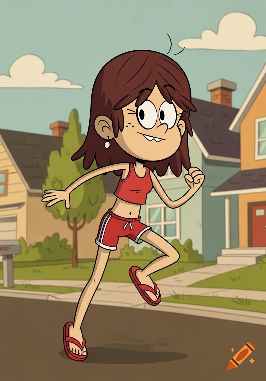 Lynn Loud Jr. in a cartoon style, jogging down a suburban street, wearing a red crop top, red shorts with white stripes, and red flip-flops.