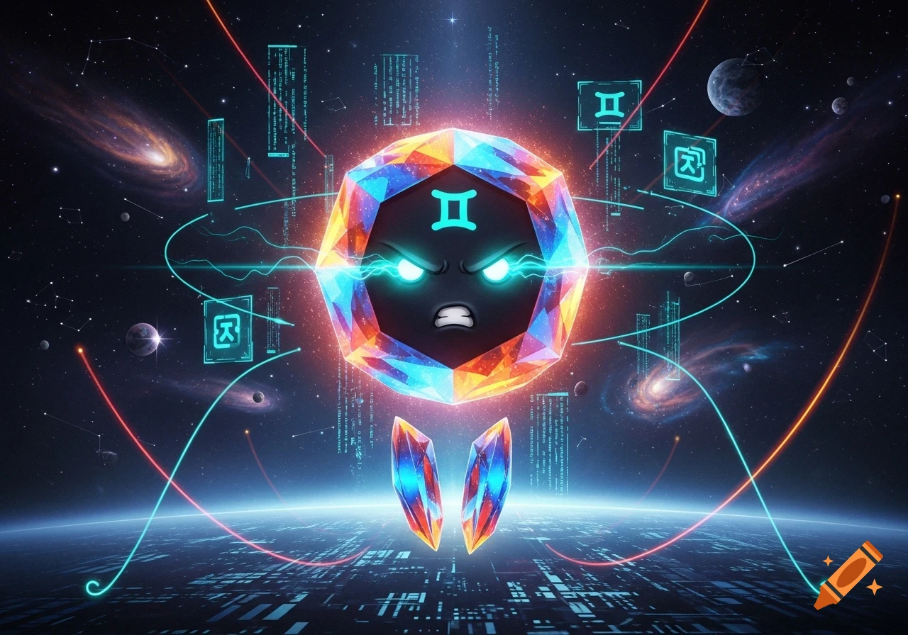 A glowing, multi-faceted geometric creature with an angry face and a Gemini symbol, floating in space above a futuristic planet.