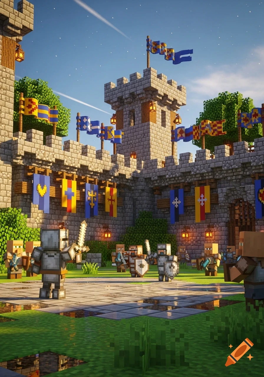 A detailed Minecraft-style image of a castle courtyard filled with banners, knight figures, and villagers under a bright blue sky.