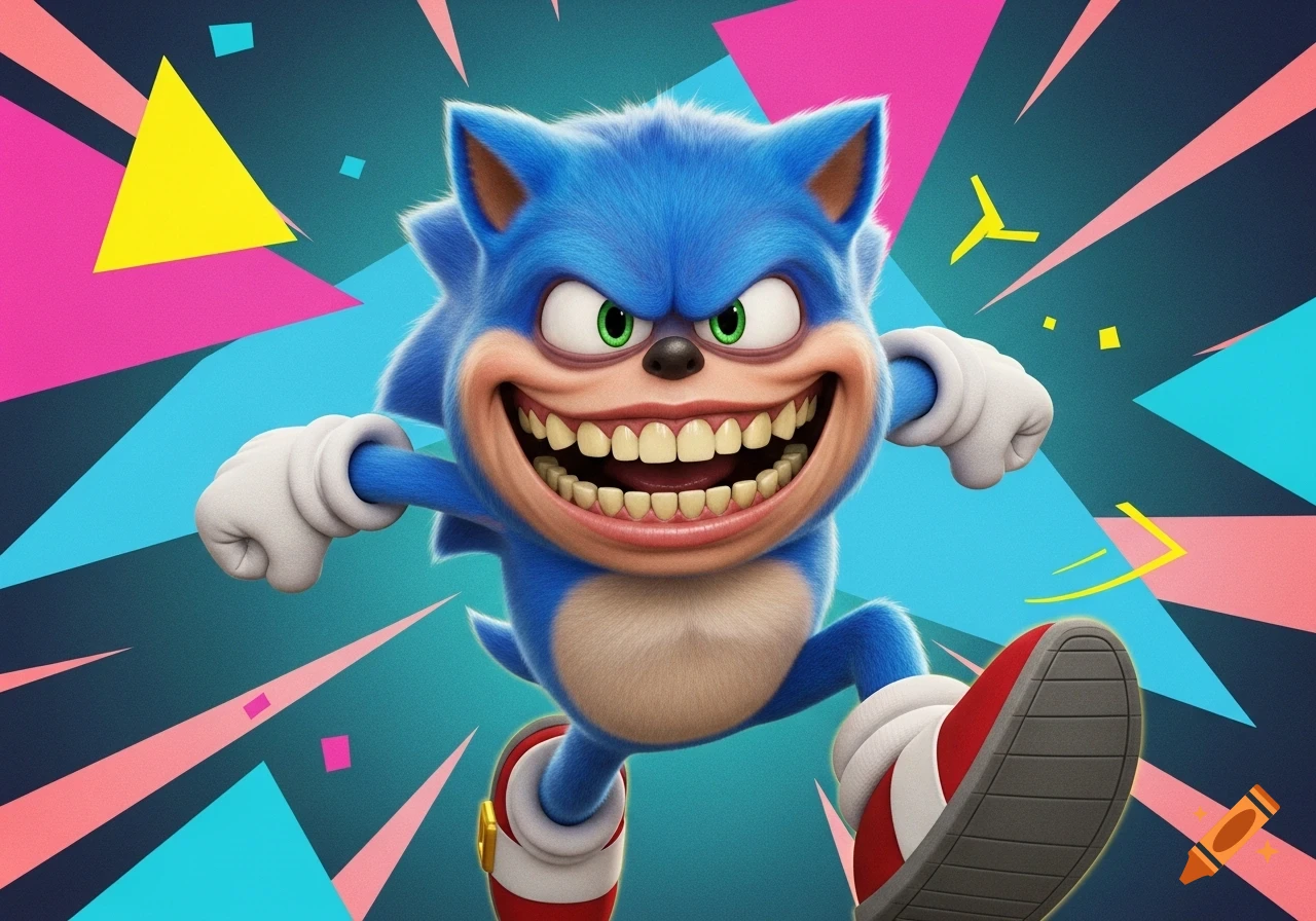 Ugly Sonic, with exaggerated features, wide grin, and human-like teeth, runs against a vibrant geometric background.
