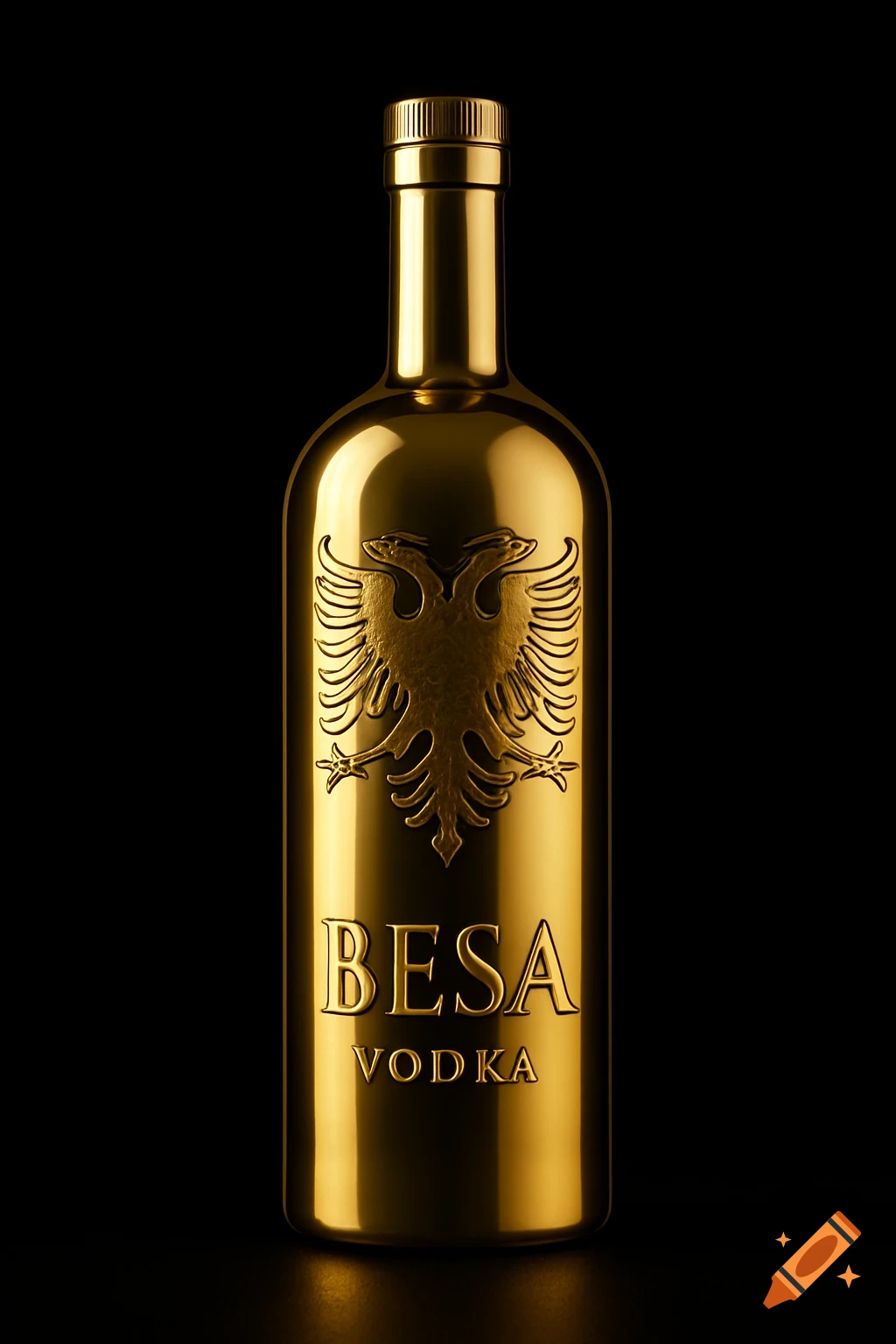 A gleaming gold vodka bottle with an embossed Albanian eagle design and the words "BESA VODKA" on a black background.