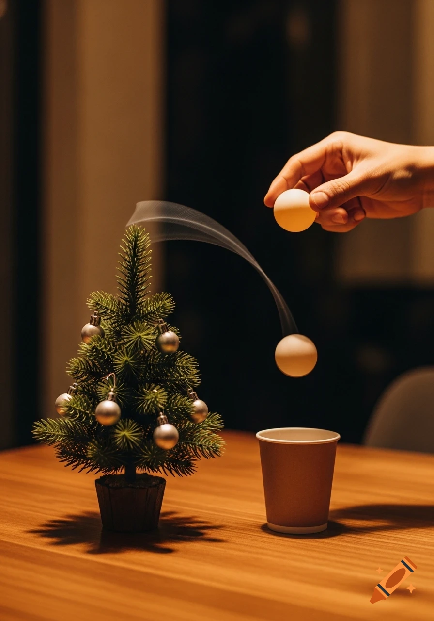 A hand throws a ping pong ball, which bounces over a small decorated Christmas tree toward a paper cup on a wooden table.