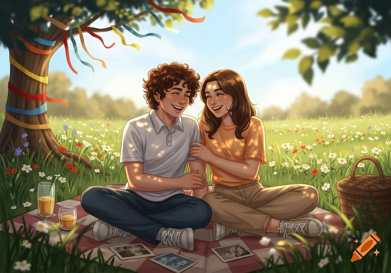 Vibrant illustration of a happy boy and girl on a picnic in a sunny meadow. They sit under a ribbon-decorated tree with drinks and photos.