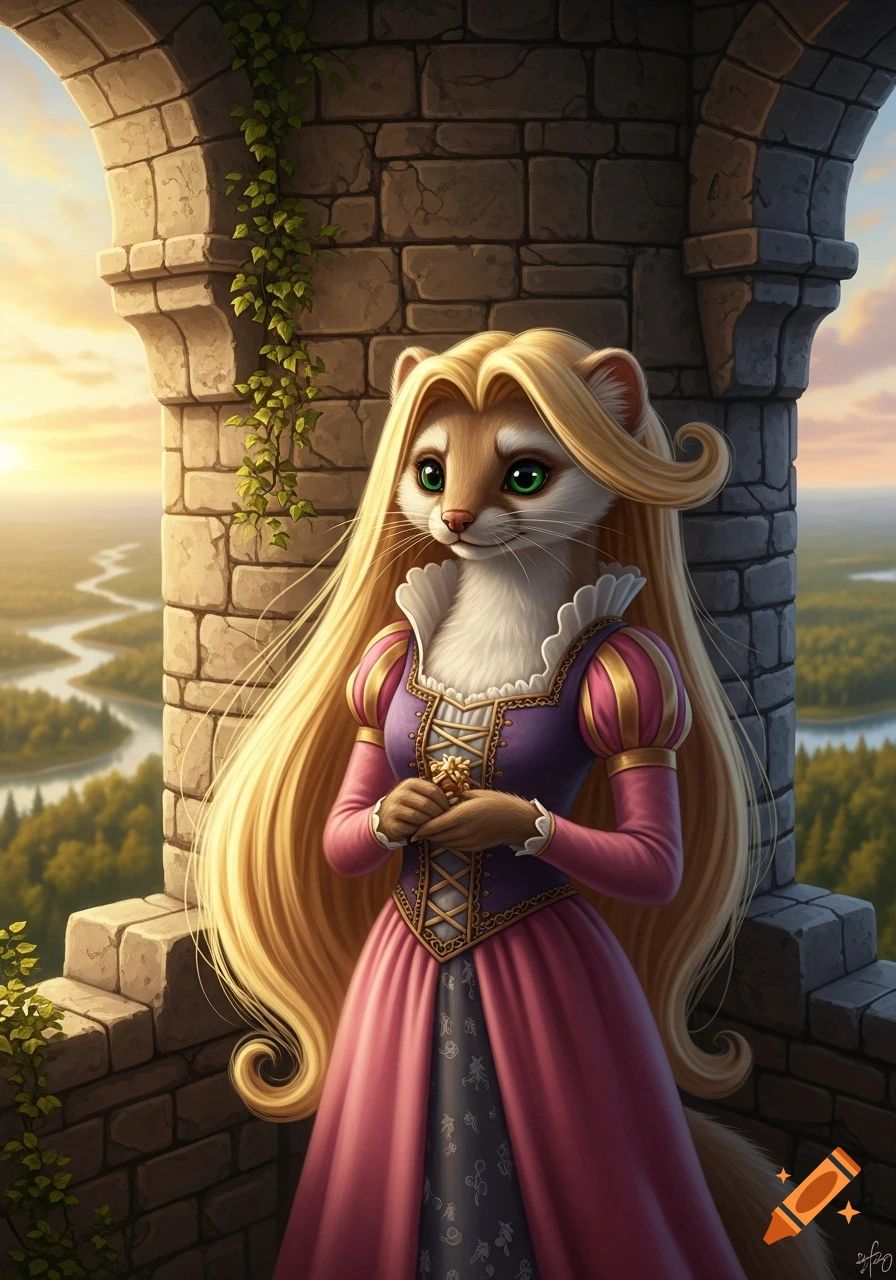 An anthropomorphic weasel with long golden hair, dressed in a pink medieval gown, stands in a stone tower overlooking a forest at sunset.
