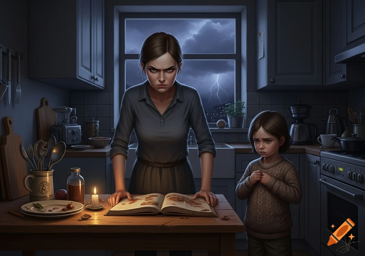 An angry mother glares at her sad child in a dimly lit kitchen during a thunderstorm, a candle and open book on the table.
